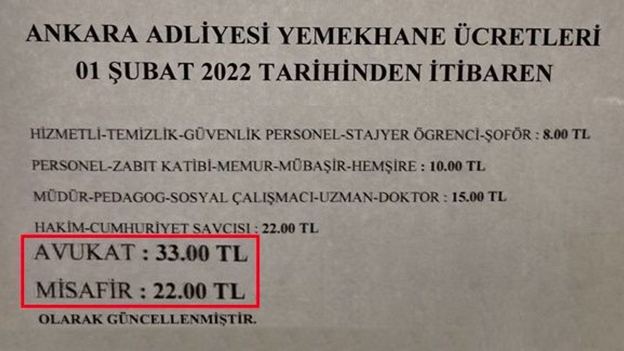 Avukatlardan adliye yemekhane ücretine tepki: Misafire 22, avukata 33 lira!