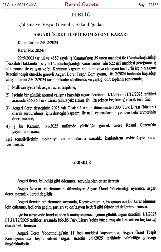 Asgari Ücret Tespit Komisyonu Kararı